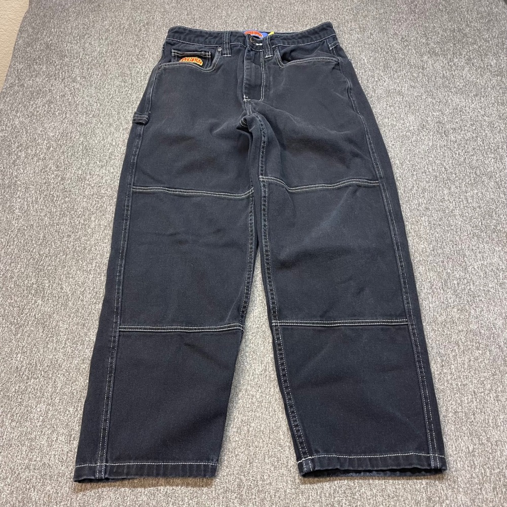 Empyre Relaxed Fit Skate Jeans Black Double Knee Contrast Stitch Mens 28 Baggy